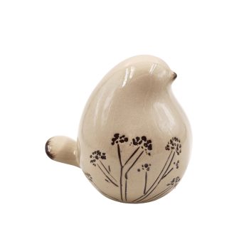 BIRD DECOR STONEWARE 4"X4"H GLAZED BEIGE W FLORAL DESIGN