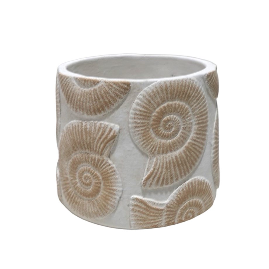 CEMENT SEASHELL PATTERN POT 6"X5"H CREAM/SAND FINISH