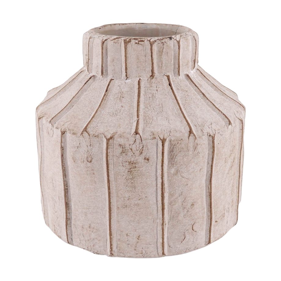 CEMENT VASE 7"X6"H STRIPES NATURAL STONE FINISH