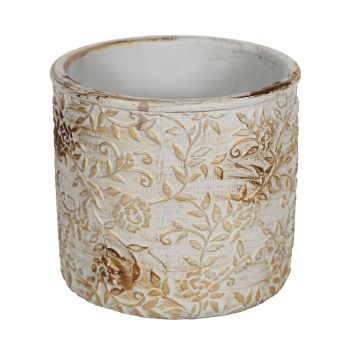 CEMENT POT 6"X5.5"H LEAF PATTERN CREAM/BROWN