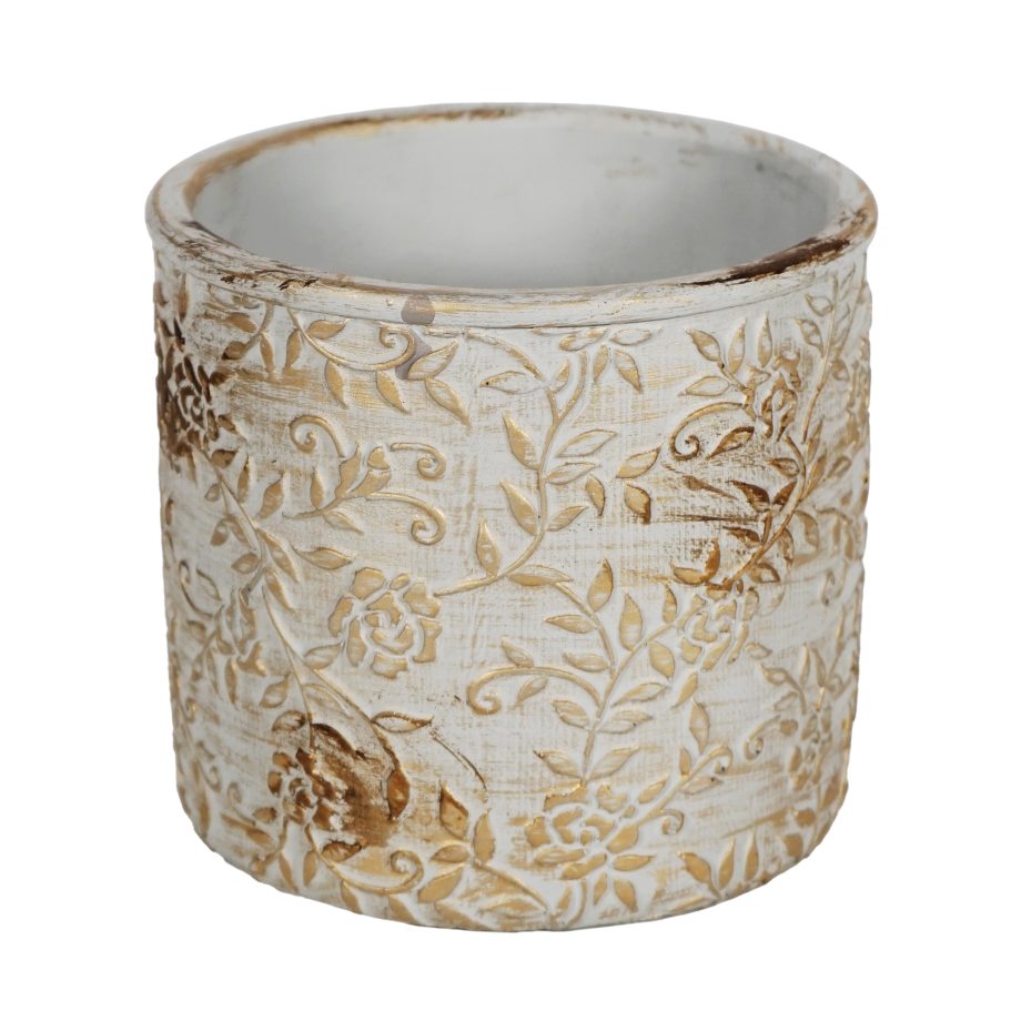 CEMENT POT 6"X5.5"H LEAF PATTERN CREAM/BROWN
