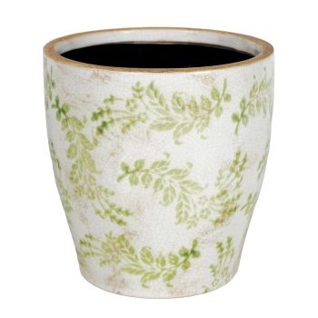 CEMENT POT 7.5"X8" LEAF PATTERN CREAM/GREEN