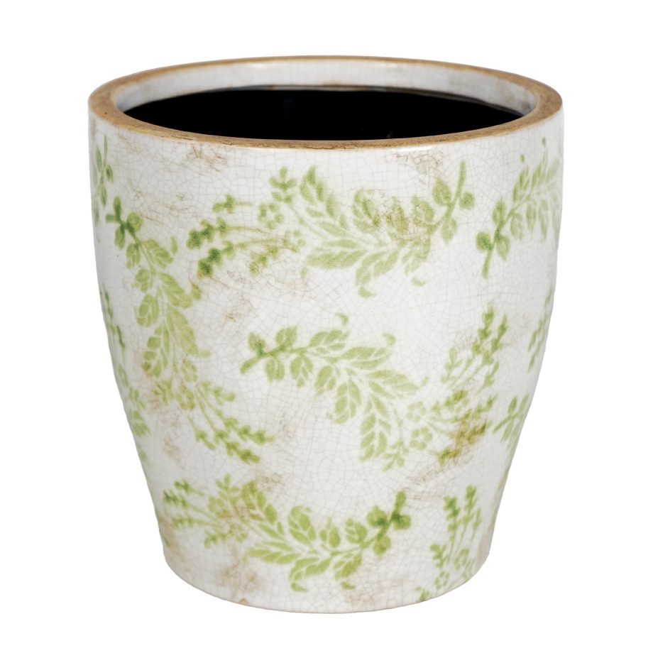 CEMENT POT 7.5"X8" LEAF PATTERN CREAM/GREEN