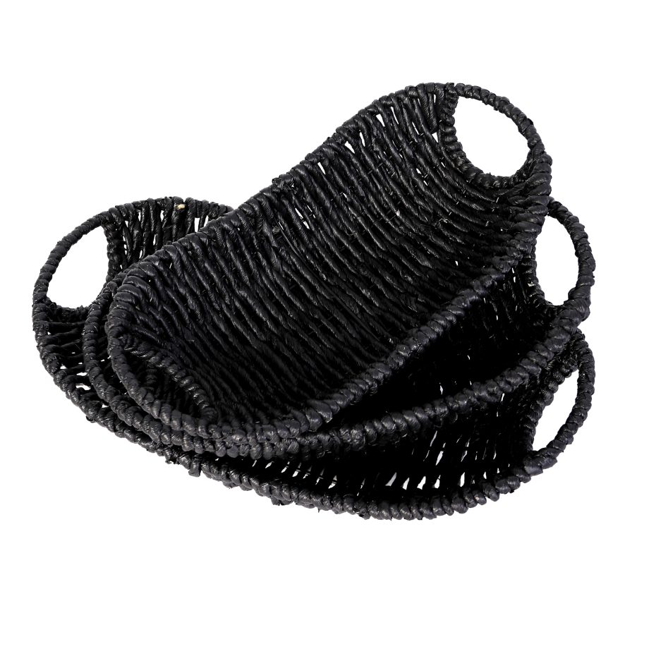 GRASS WOVEN BASKET SET 18"X10"X5"/15"X9"X4"/14"X7.5"X5" BLACK