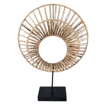 WOVEN TABLE DECOR ROUND 14"X4"X19.5"H NATURAL/BLACK STAND