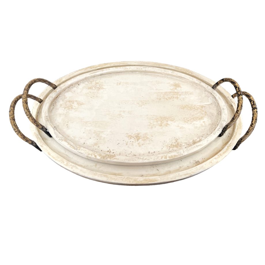 WOODEN TRAY SET 10"X16"X2.5"/18"X12.5"X3" OVAL/GRAY