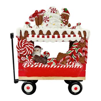SANTA CART GINGERBREAD 11.5"X4"X8.5" W/ CANDY CANES & SNOWMAN ATOP, CLAY DOUGH W/