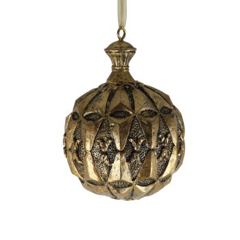BALL RESIN 4" ANTIQUE GOLD DIAMOND PATTERN