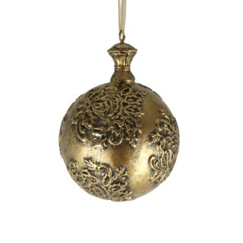 BALL RESIN 4" ANTIQUE GOLD W/SNOW FLAKES
