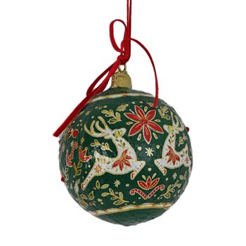 PAPER MACHE ORN BALL 4" GREEN W/WHITE DEER DESIGN