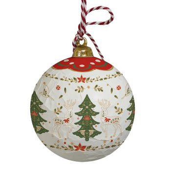 PAPER MACHE ORN BALL 4" WHILE W/GRREN TREES