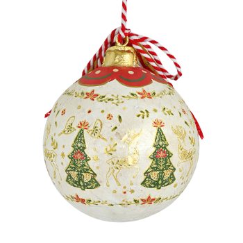 PAPER MACHE ORN BALL 4" WHILE W/GRREN TREES