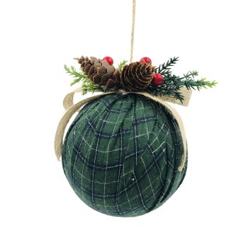 BALL FABRIC 5"X6" GREEN PLAID W/GREENERY AND RED BERRIES