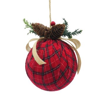 ORN BALL FABRIC 5"X6" RED/GREEN W/GREENERY