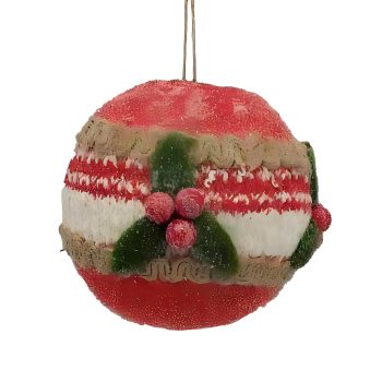 BALL FABRIC/FELT 4" RED W/NATURAL RIBBON AND HOLLY