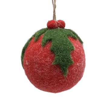 ORN FELT BALL 3"X4" RED W/HOLLY AND BERRIES