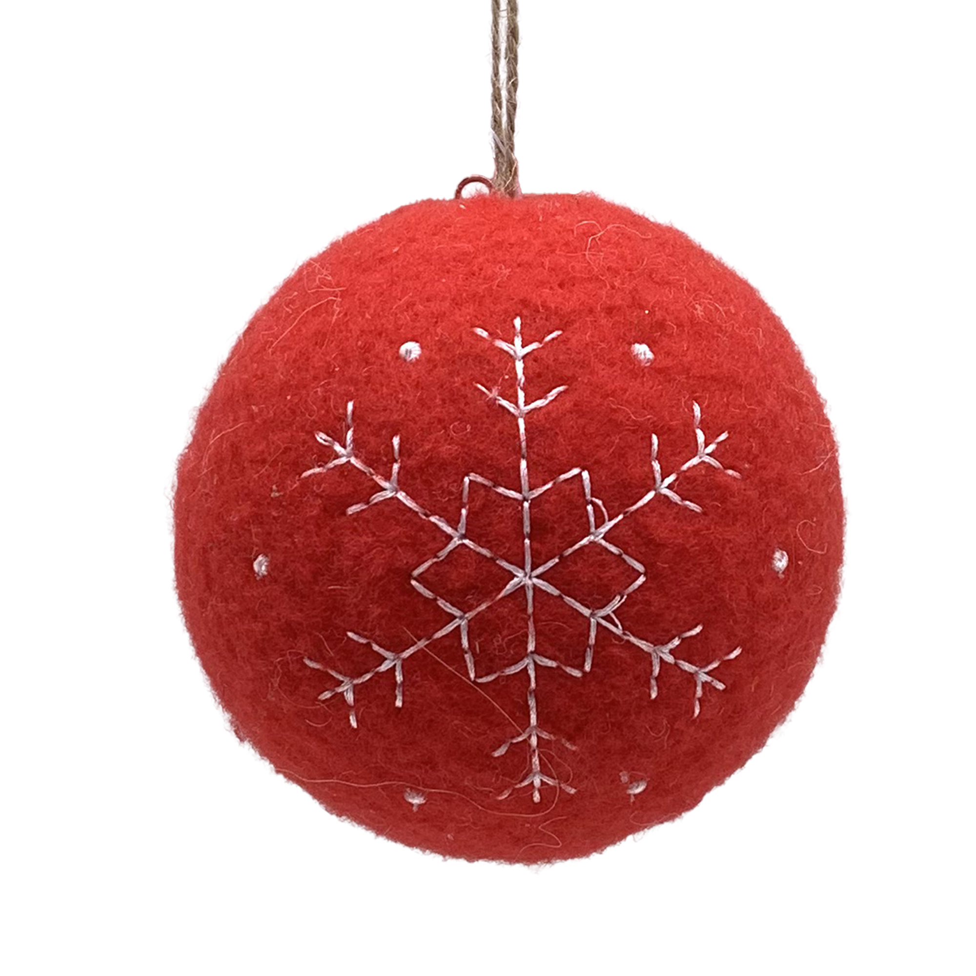 ORN FELT BALL 4"X4" RED W/STITCHED SNOWFLAKE