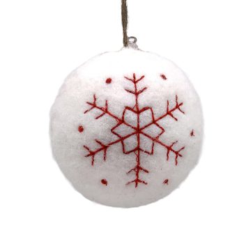 ORN FELT BALL 4"X4" WHITE W/STITCHED RED SNOWFLAKE
