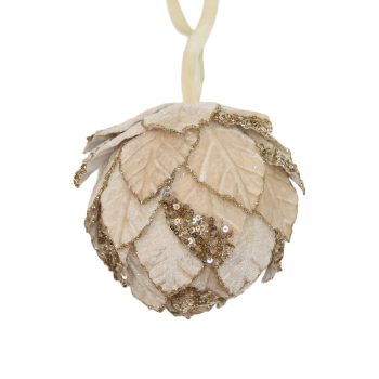 BALL FABRIC LEAF DESIGN 4" CHAMPAGNE W/BEAD AND GLITTER