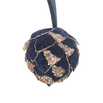 BALL FABRIC LEAF DESIGN 4" MIDNIGHT BLUE W/BEAD AND GLITTER