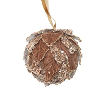 BALL FABRIC LEAF DESIGN 4" MOCA W/BEAD AND GLITTER