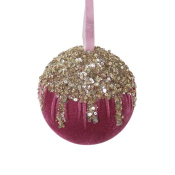 BALL FABRIC VELVET 4" ANTIQUE PINK W/SEQUIN GLITTER