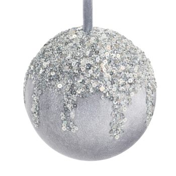 BALL FABRIC VELVET 4" GREY W/SEQUIN GLITTER