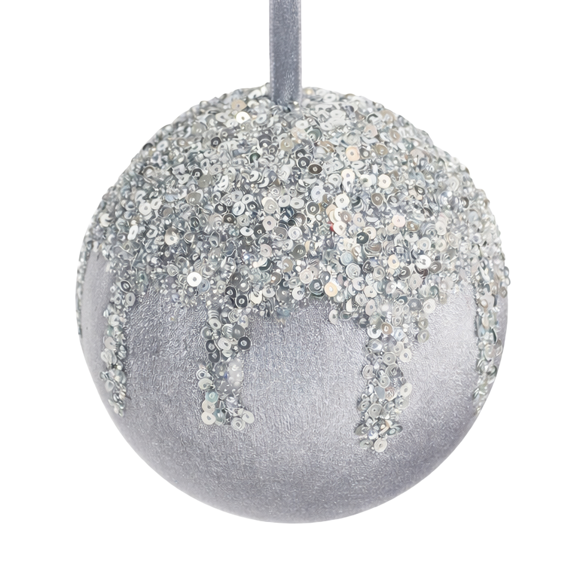 BALL FABRIC VELVET 4" GREY W/SEQUIN GLITTER