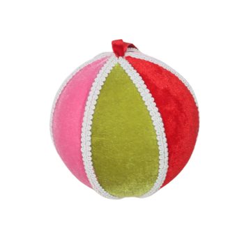 BALL FABRIC VELVET 5" RED/LIME/PINK W/WHITE RIBBON