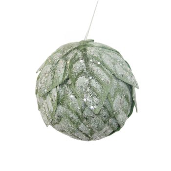 BALL FROSTED LEAF DESIGN 5" SAGE W/ICE GLITTER