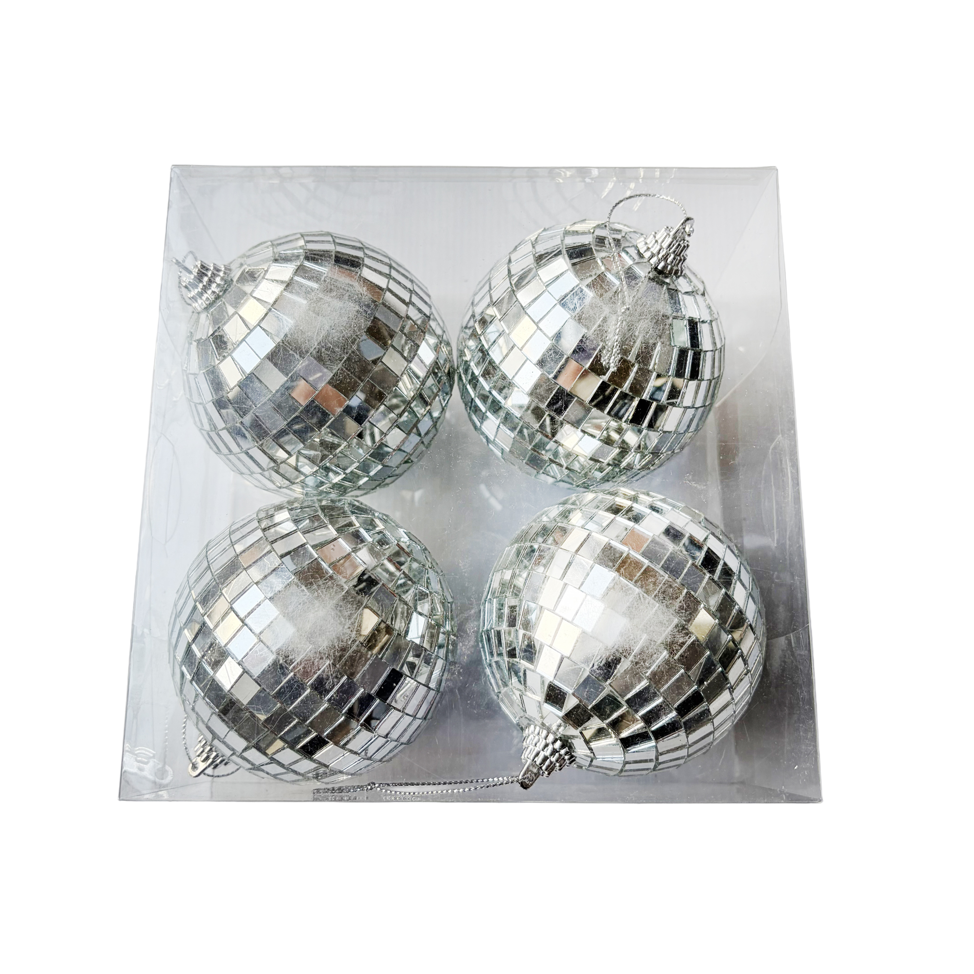 BALL FOAM/MIRROR 3" SILVER, SHIMMERING REFLECTIVE TILED FINISH 4PCS