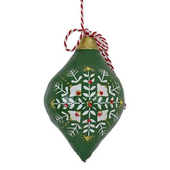 PAPER MACHE ORN FINIAL 4"X6" GREEN W/WHITE NORDIC SNOWFLAKE