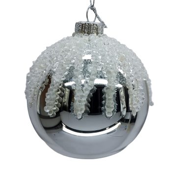 ORN GLASS BALL 3" SHINY SILVER W/ICE DROPPING
