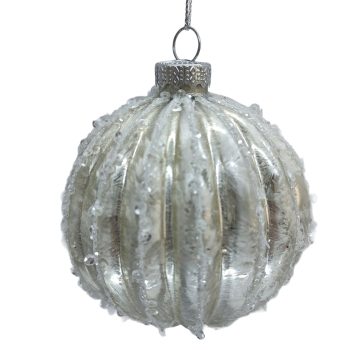 ORN GLASS BALL W/GROOVES 3" WHITE W/ICE