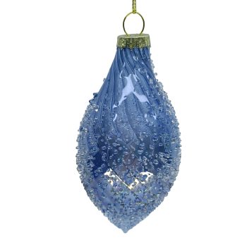 ORN GLASS OLIVE 2.5"X5" REGAL BLUE W/WATERDROPS