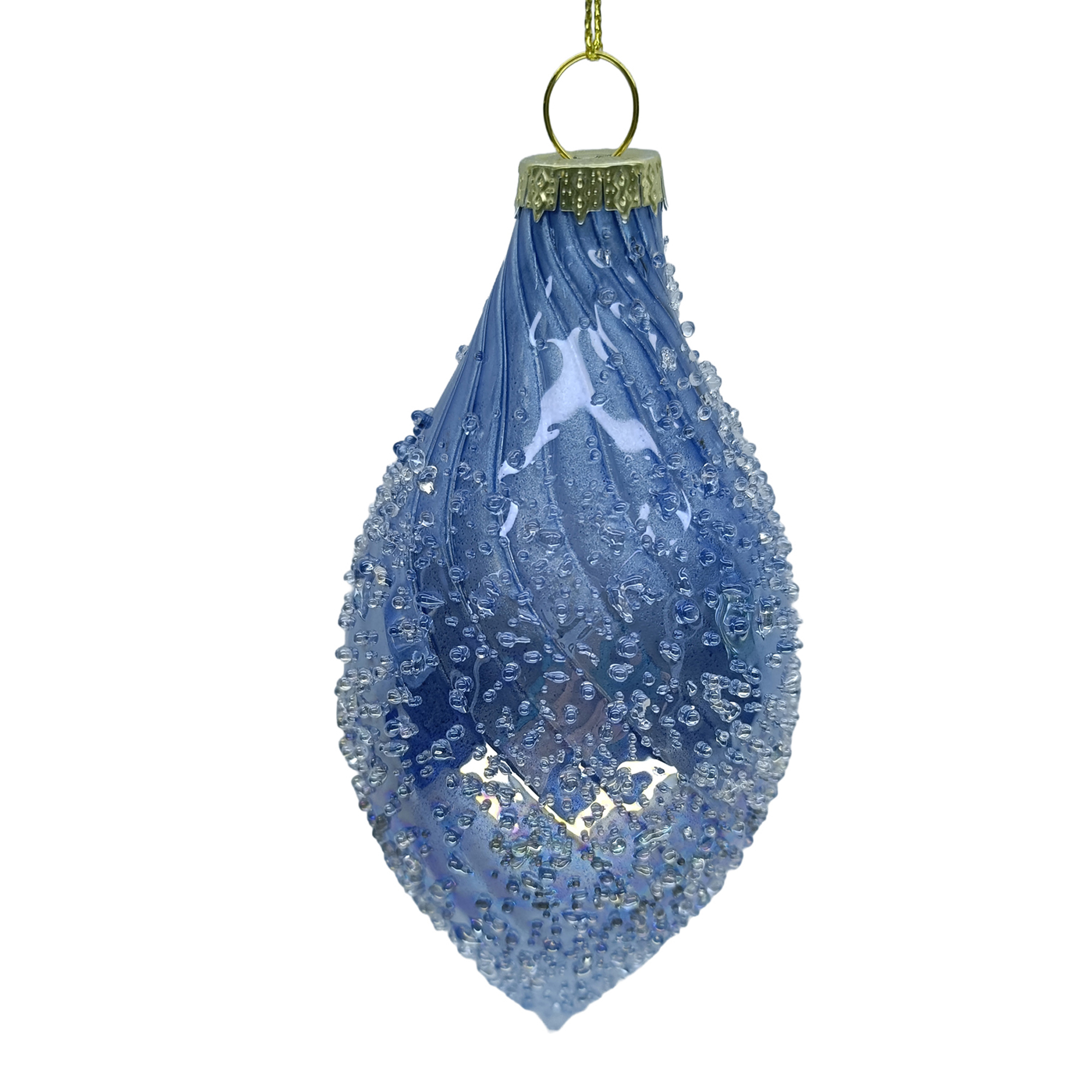 ORN GLASS OLIVE 5" REGAL BLUE W/ RAISED CLEAR WATER DROPLETS