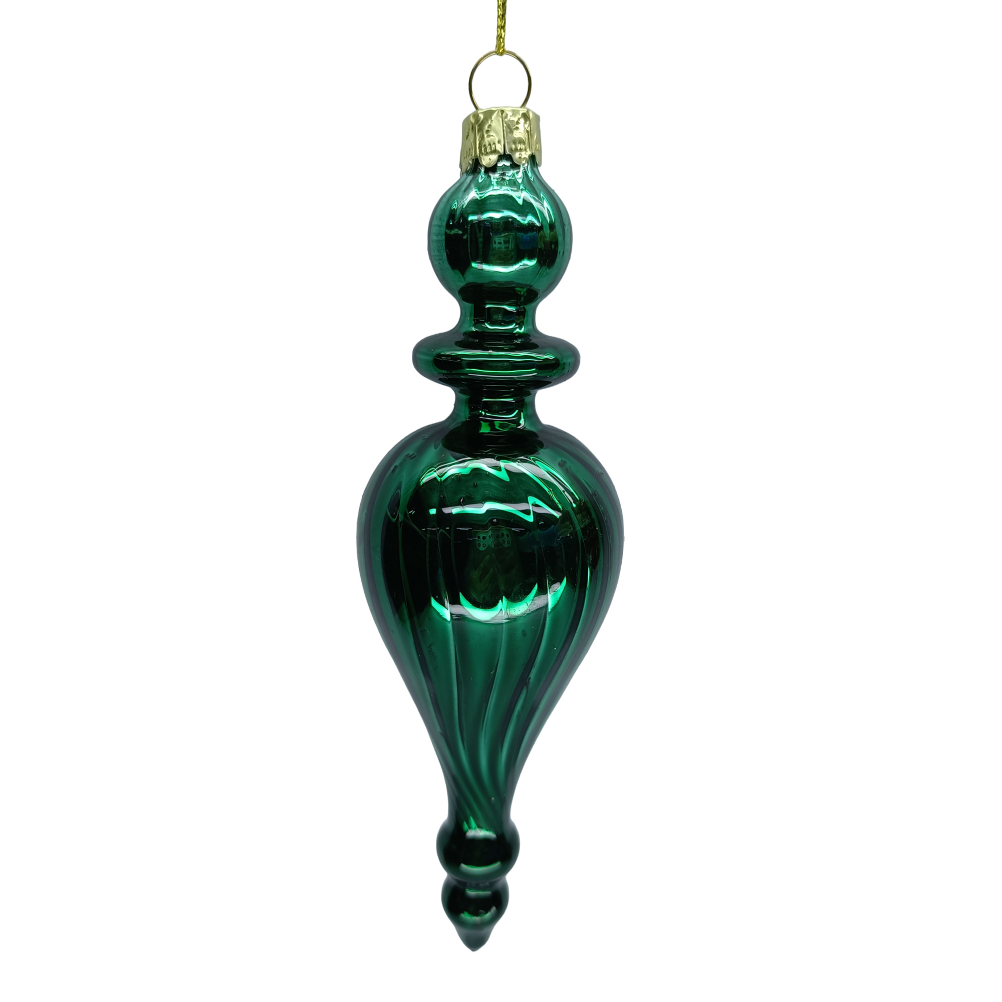 ORN GLASS FINIAL DROP 6.5" SLENDER DARK GREEN METALLIC FINISH