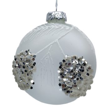 ORN GLASS BALL 3" FROST WHITE GLITTER