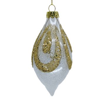 ORN GLASS OLIVE 2.5"X5" CLEAR/GOLD GLTR.