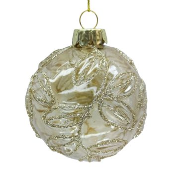 ORN GLASS BALL LEAF 3" CLEAR/GOLD GLTR