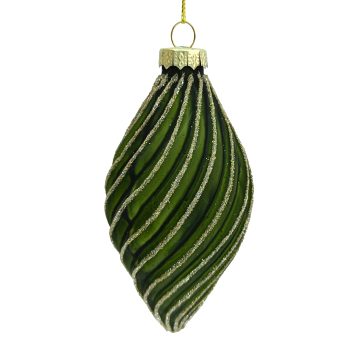 ORN GLASS OLIVE SPIRAL2.5"X5" MATT GREEN W/GLTR.