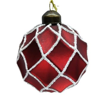 ORN GLASS BALL HONEYCOMB 3" RED W/WHITE GLTR.