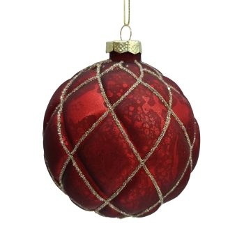 ORN GLASS BALL DIAMOND 4" ANTIQUE RED GOLD GLITTER