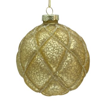 ORN GLASS BALL DIAMOND 4" ANTIQUE GOLD/GLITTER