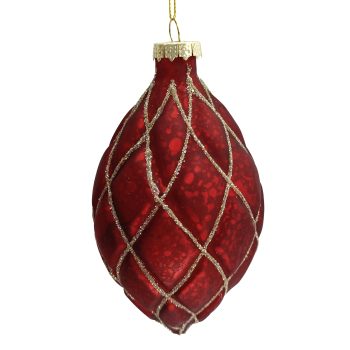 ORN GLASS OLIVE DIAMOND 3"X6.5" ANTIQUE RED GOLD GLITTER