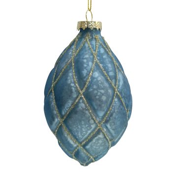 ORN GLASS OLIVE DIAMOND 3"X6.5" ANTIQUE BLUE GOLD GLITTER