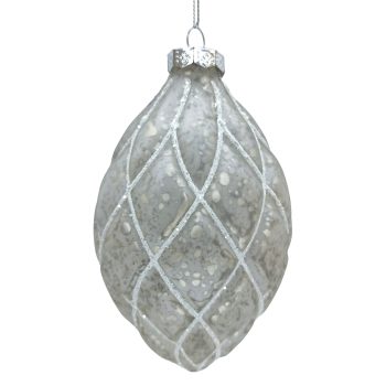 ORN GLASS OLIVE DIAMOND 3"X6.5" ANTIQUE WHITE/GLITTER