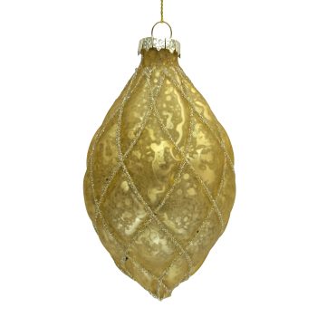 ORN GLASS OLIVE DIAMOND 3"X6.5" ANTIQUE GOLD/GLITTER