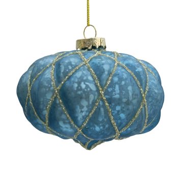 ORN GLASS ONION DIAMOND 4" ANTIQUE BLUE GOLD GLITTER