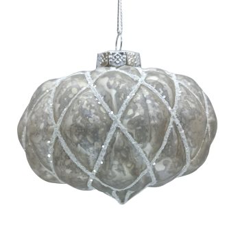 ORN GLASS ONION DIAMOND 4" ANTIQUE WHITE/GLITTER